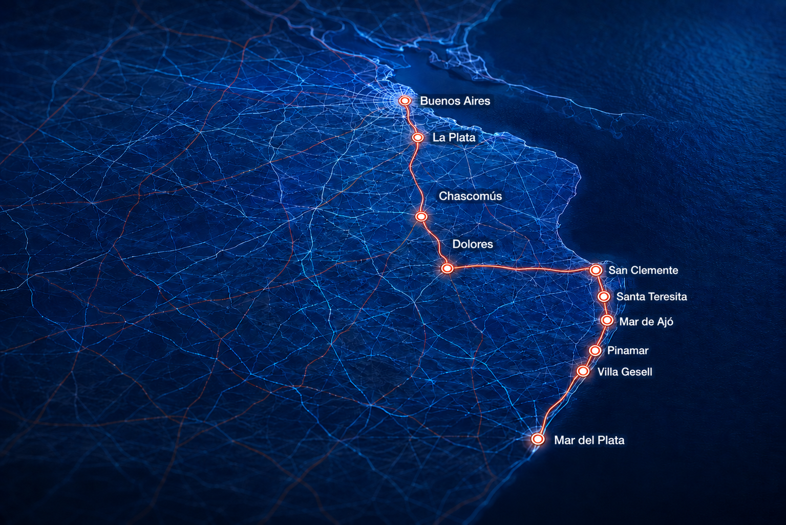 Mapa del recorrido de Expreso Morabito entre Buenos Aires, La Plata y la Costa Atlántica